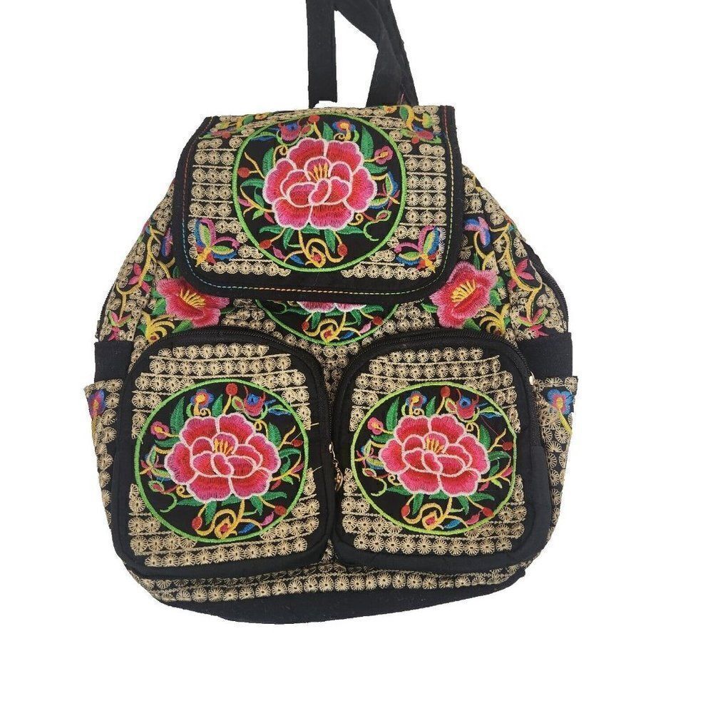 Black Embroidered Mexican Backpack Bag Pink Flowers Travel Pack